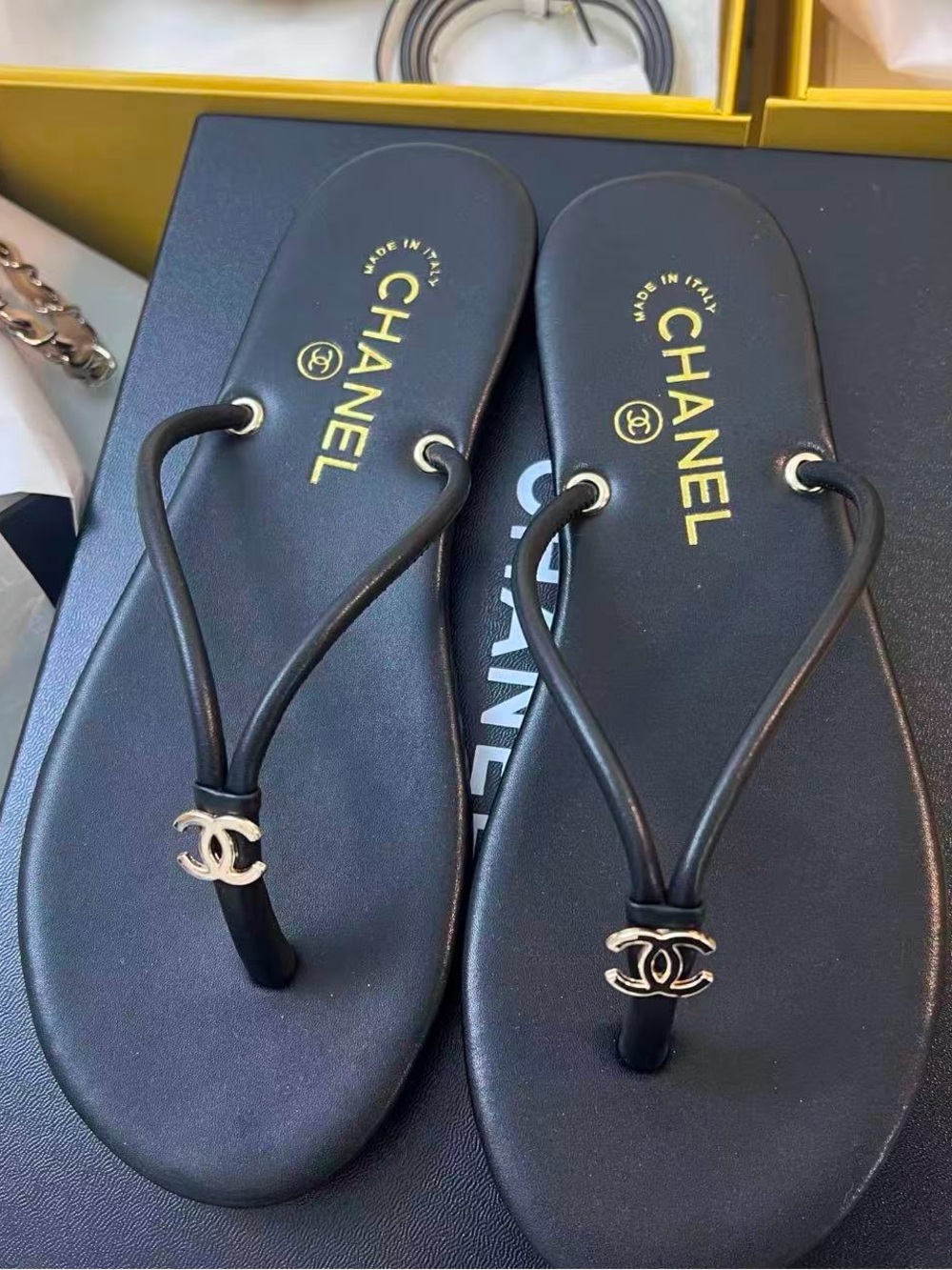 Black Leather CC flip flops Thong Sandals with Gold Logo Hardware. Size 39 US8